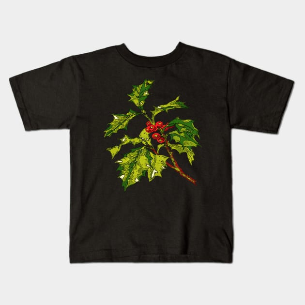 Black Outline Art Of Christmas Holly Cut Out Kids T-Shirt by taiche